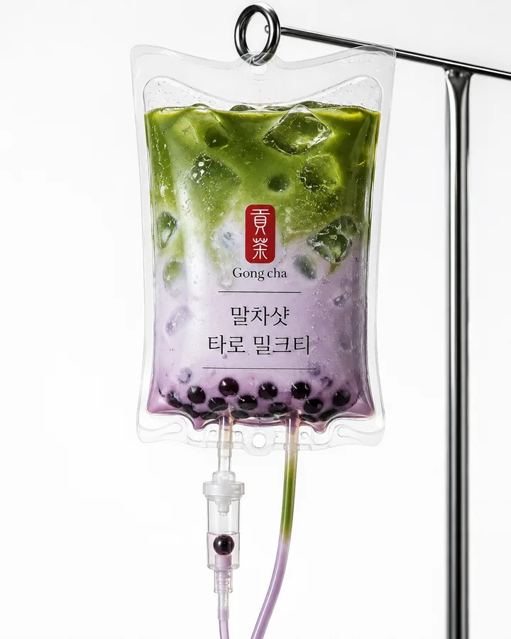 AI로 제작한 음료 광고 컷 — 링거백 형태로 연출한 밀크티